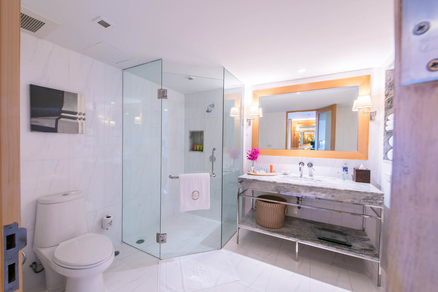 bathroom marble sink mirror corner shower and toilet