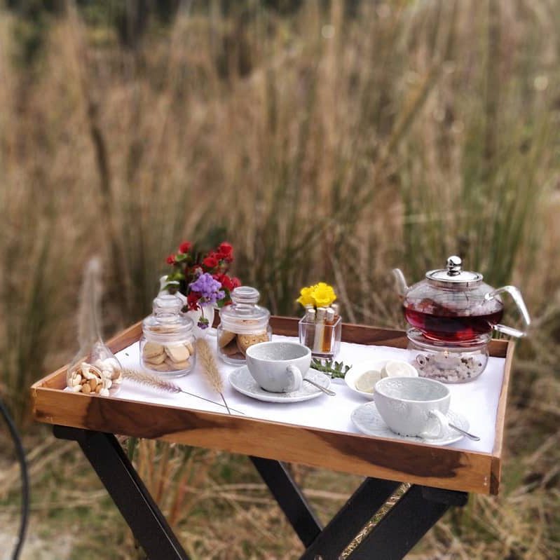 A tray with tea and biscuits overlooking the forest